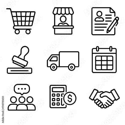 Procurement Icons Grid. Outline icon set of procurement teams: shopping cart, vendor icon, contract, purchase