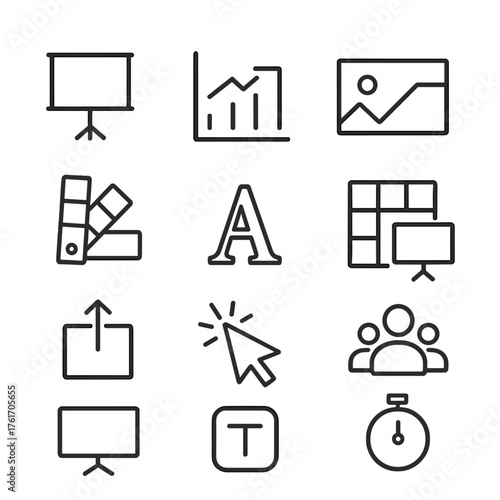 Presentation Design Icons. Outline icon set of presentation design: slide deck, chart icon, image icon, text
