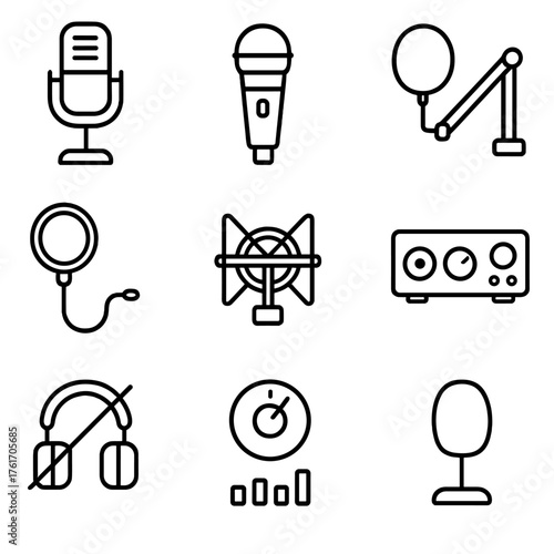 Microphone Icon Set. Outline icon set of microphones and audio: USB mic, XLR mic, boom arm, pop filter, shock