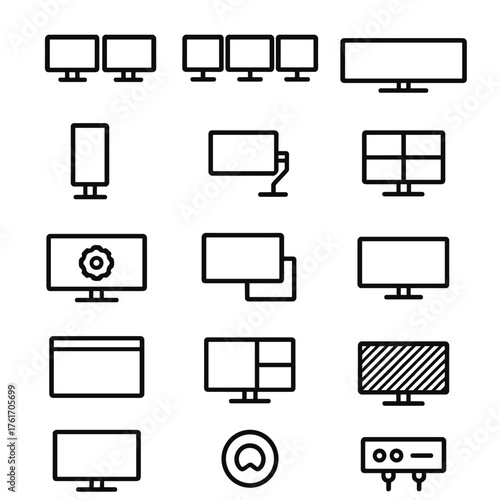 Multi-Monitor Icon Grid. Outline icon set of multi-monitor layouts: dual monitors, triple monitors, ultrawide