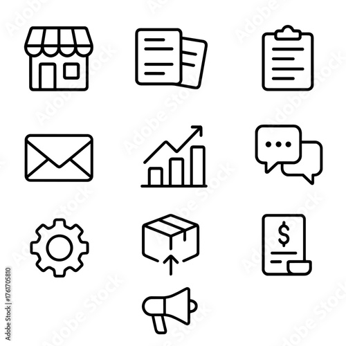 Seller Dashboard Icons. Outline icon set of seller dashboard: storefront icon, listings, inventory, orders,