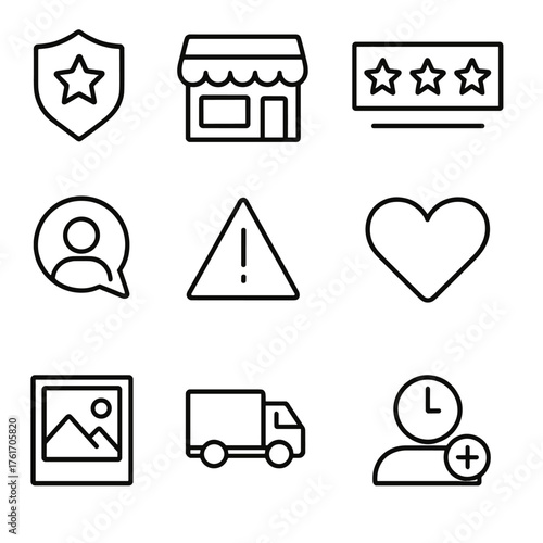 Marketplace Seller Icons. Outline icon set of marketplace sellers: seller badge, storefront banner, seller