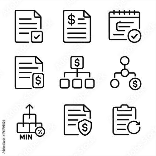 B2B Icon Set. Outline icon set of B2B e-commerce: RFQ form, quote, net terms, purchase order, cost center,