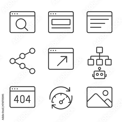 SEO Icon Set. Outline icon set of SEO basics: search engine, title tag, meta description, schema, breadcrumb,