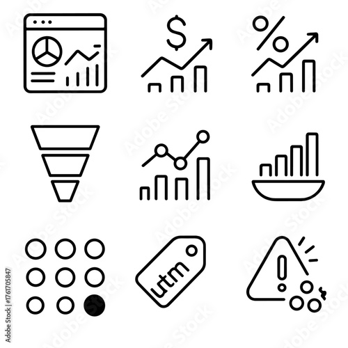 Analytics Icon Set. Outline icon set of analytics and KPIs: dashboard, revenue, AOV, conversion rate, funnel,