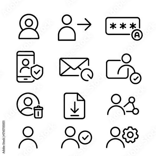 Account Icons Grid. Outline icon set of account and authentication: user profile, login, register, password,