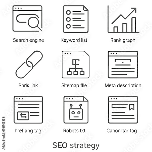 SEO Icons Grid. Outline icon set of SEO strategy: search engine, keyword list, rank graph, backlink chain,