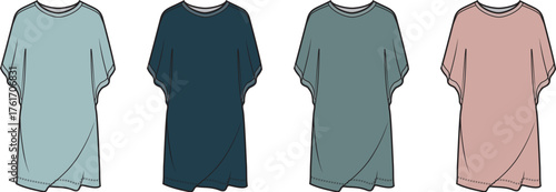 Fashion Flat Sketch Assortment of Colorful Casual Tunic Tops. Design Template for Apparel Production