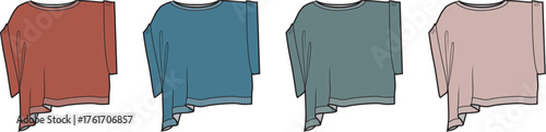 Four fashion illustrations of a draped asymmetrical t-shirt available in various colors, showcasing modern design