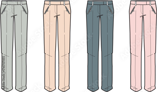 Fashionable high-waisted trousers in four different colors beige, gray, blue, and pink