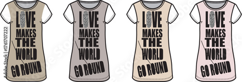 Text designs featuring the phrase 'Love Makes The World Go Round' on different colored t-shirt mockups
