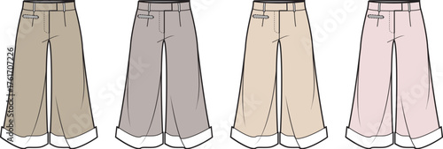 Collection of four women's high-waisted wide-leg trousers in different neutral and pastel colors, showcasing fashion design sketches