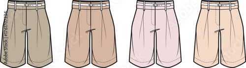 A set of women's high-waisted pleated shorts in various colorways. Fashion technical flat vector illustration for apparel design and clothing templates
