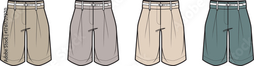 Set of technical flat sketches showing men's pleated casual shorts with a drawstring waist in four different colorways for summer fashion collections