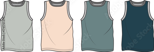 Set of men's tank top fashion flat sketches in various colors. Vector illustration template for clothing design and apparel tech packs