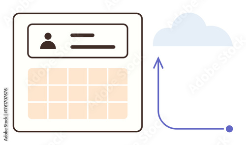 Calendar interface with user profile and linked cloud, arrow indicating synchronization. Ideal for planning, scheduling, organization, data storage, online services, time management, productivity