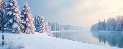 Breathtaking Winter Landscape Frosted Trees, Pristine Snow, Frozen Lake under a Pale Sky