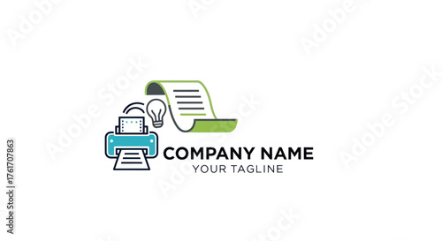 Creative printer logo with document and lightbulb representing ideas and printing.