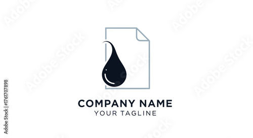 Minimalist logo design featuring a stylized paper sheet with a prominent black oil drop, symbolizing document integrity and resource management.
