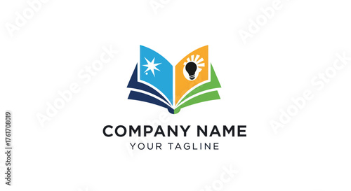 Creative educational book logo design with lightbulb and star symbols.