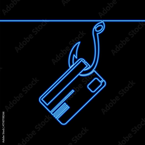 Credit card on fishing hook symbolizing online fraud and financial risk icon neon glow vector illustration concept