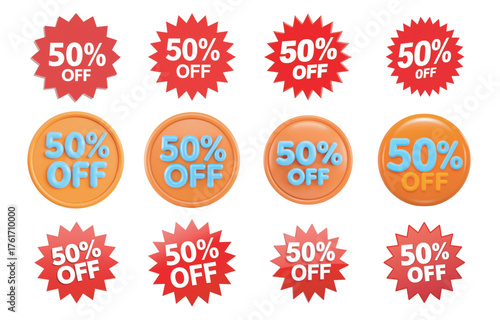 Various 50 off sale stickers isolated on Transparent background for promotion