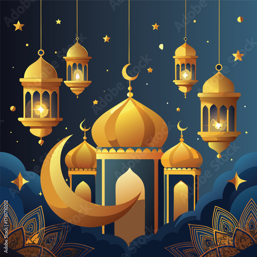Golden Mosque with Crescent Moon and Star,Islamic Ramadan and Eid Mubarak Illustration