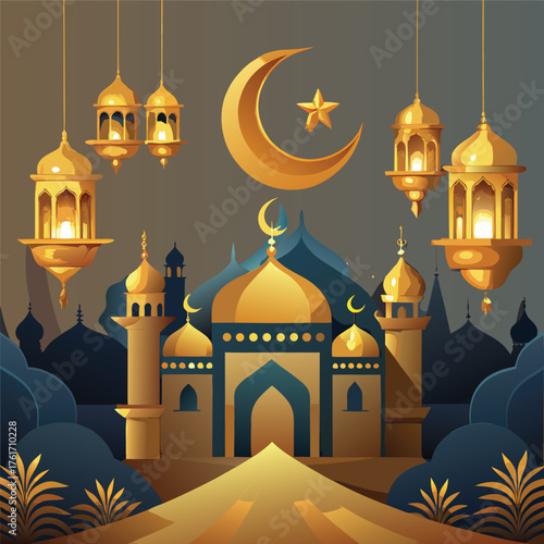 Golden Mosque with Crescent Moon and Star,Islamic Ramadan and Eid Mubarak Illustration