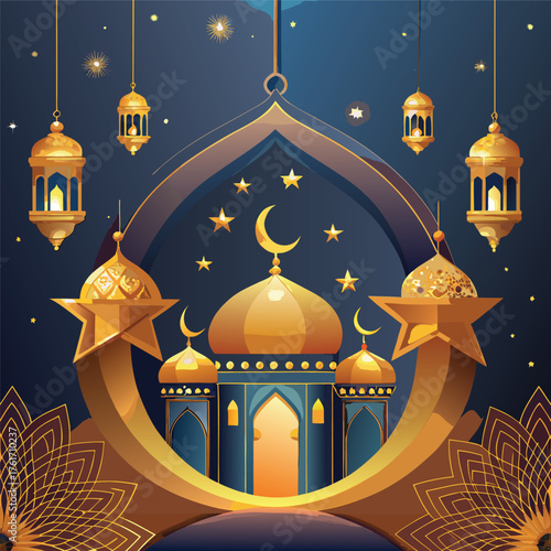 Golden Mosque with Crescent Moon and Star,Islamic Ramadan and Eid Mubarak Illustration