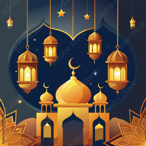 Golden Mosque with Crescent Moon and Star,Islamic Ramadan and Eid Mubarak Illustration