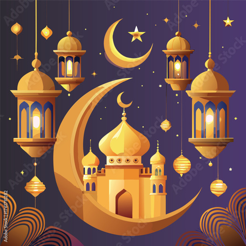 Golden Mosque with Crescent Moon and Star,Islamic Ramadan and Eid Mubarak Illustration