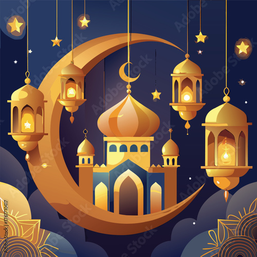 Golden Mosque with Crescent Moon and Star,Islamic Ramadan and Eid Mubarak Illustration