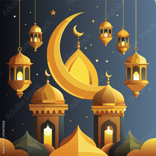 Golden Mosque with Crescent Moon and Star,Islamic Ramadan and Eid Mubarak Illustration