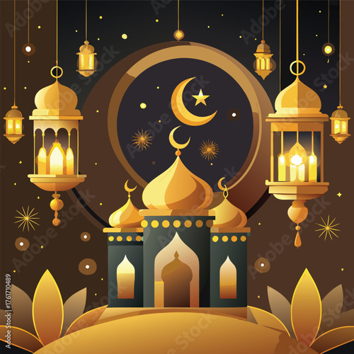 Golden Mosque with Crescent Moon and Star,Islamic Ramadan and Eid Mubarak Illustration
