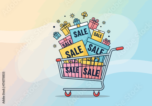 Shopping cart overflowing with sale signs and colorful gift boxes.