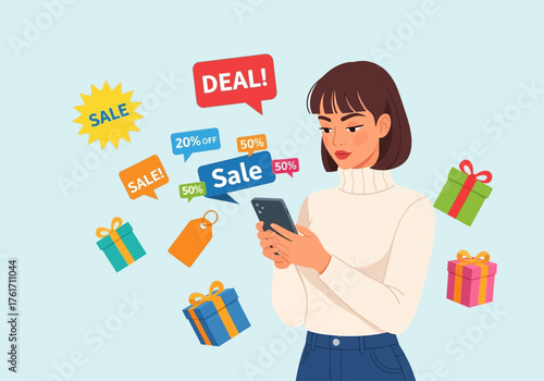 Young woman using a smartphone for online shopping and finding deals.