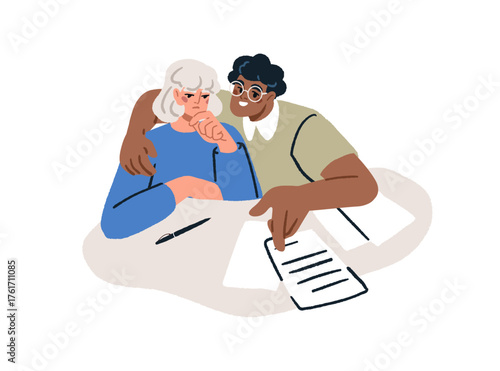 Young man helping elderly woman with documents. Assisting, explining legal papers to senior lady, support and consultation, advice in bureaucracy. Flat vector illustration isolated on white background
