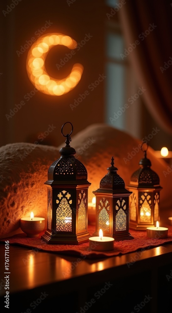 Fototapeta premium Traditional ramadan setup with lanterns crescent moon decor