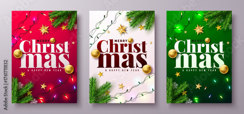 Merry Christmas and Happy New Year Greeting Card Clipart Set with Fir Branch, Light Garland and Typography Lettering on Red, White and Green Background. Vector Holiday Season Design with Decoration