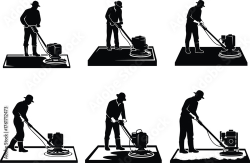 Floor cleaning worker silhouette, industrial machine operator, janitor using polisher, maintenance staff, hygiene service, black and white vector illustration