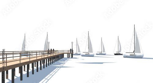 Pier and Sailboats White Background Minimalist Design