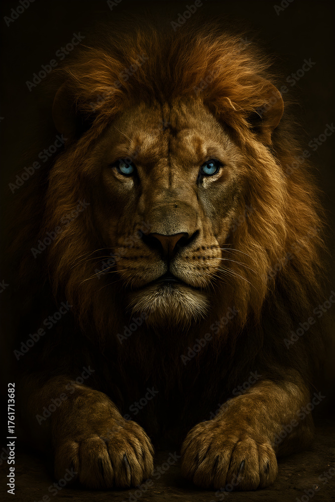 Fototapeta premium Hyper-Realistic Portrait of a Majestic Lion with Golden Mane and Blue Eyes