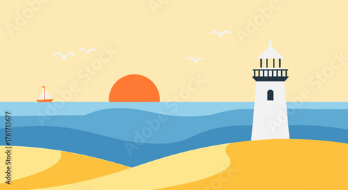 Seascape Vector Lighthouse at Sunset Coastline Minimalist Serene Scene
