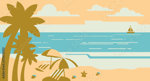 Tropical Beach Paradise Minimalist Cartoon Illustration With Palm Trees