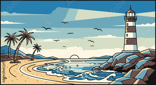 Coastal Lighthouse Scene with Palm Trees Cartoon Style Vector Illustration