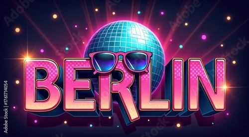 A neon text berlin with a disco ball and sunglasses on it