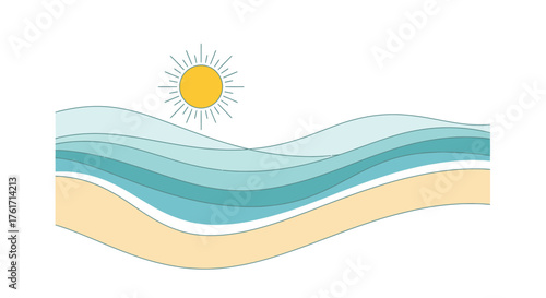 Stylized Seascape with Wavy Water and a Shining Sun Beach Vibes