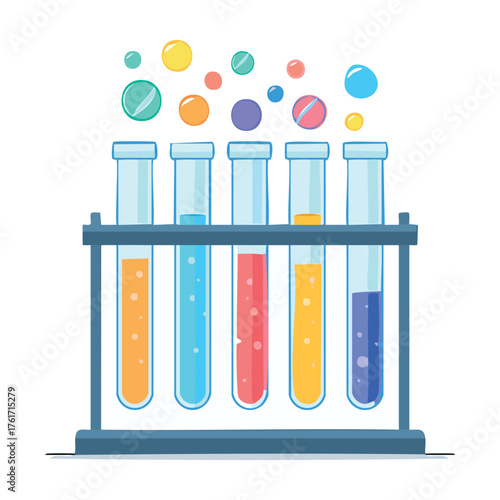 Laboratory test tubes with colorful chemical liquids on a stand – science and chemistry vector illustration