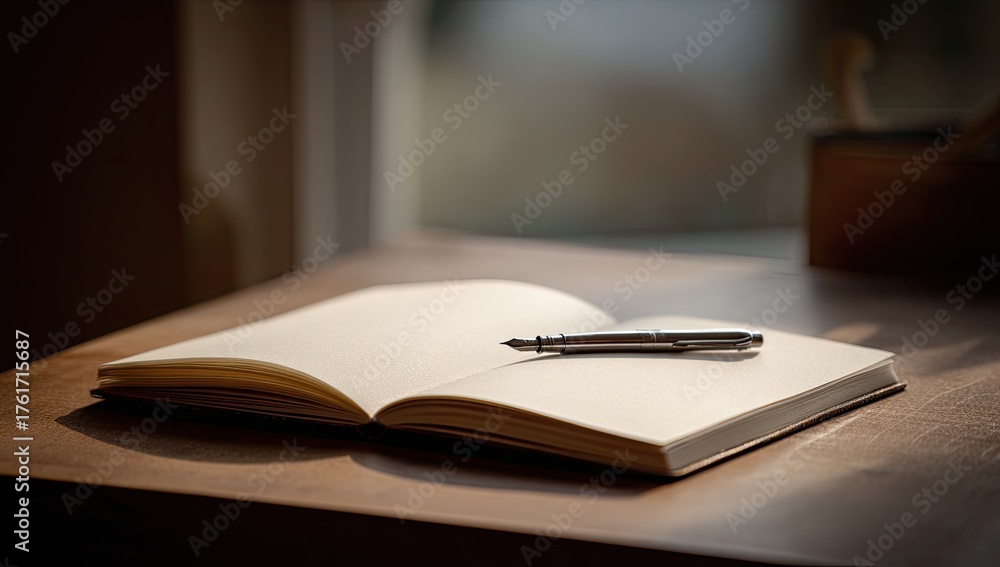Naklejka premium Open notebook with pen on wooden table