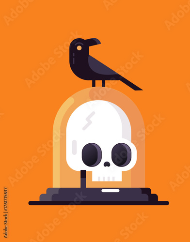 Minimal vector illustration of a spooky skull with a raven perched on top. Great for Halloween decorations, gothic art, or holiday posters.